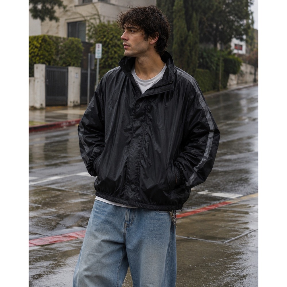 Thunder Under Rain Gear Mens Black Reflective Stripe Windbreaker Jacket Small